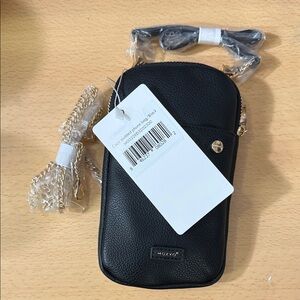 MOXYO Black Pebbled Leather Crossbody Phone Bag – NWT! Golden Plaited accents.